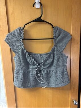 SHEIN Gray Smocked Ruffle Tie-Front Peplum Crop Top